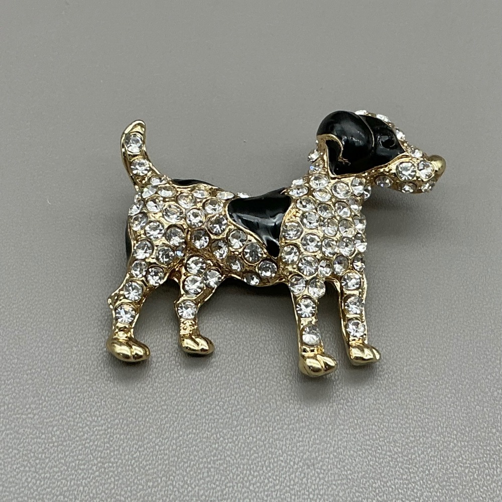 Dog Brooch Pin Women Gold Tone Black Enamel Clear Rhinestone Animal Fashion Gift